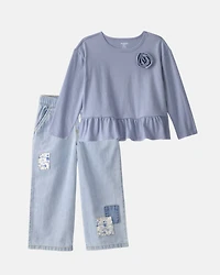 Toddler Girl 2-Piece Rose Applique Top & Patchwork Denim Jeans Set - Blue