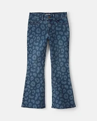 Girls Leopard Denim Flare Jeans - Dark Wash