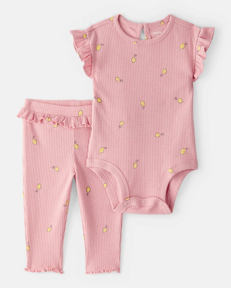 Baby Girl Lemon Bodysuit & Pant Set - Pink