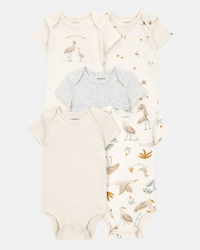 Baby 5-Pack Striped Birds Short-Sleeve Cotton Bodysuits - Ivory