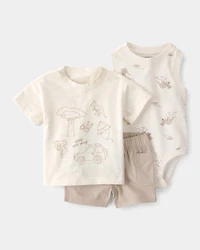 Baby Boy 3-Piece Into The Wild Top, Bodysuit & Short Set - Ivory/Brown