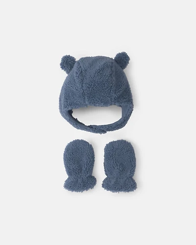 Baby Boy Bear Teddy Fleece Hat & Mitten Set - Blue
