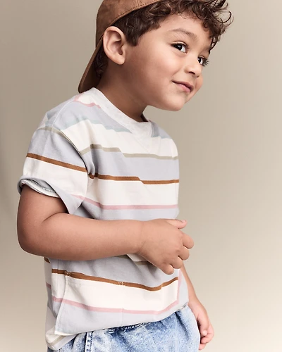Toddler Boy Striped Short-Sleeve Otter Pocket Tee - Cream/Light Blue