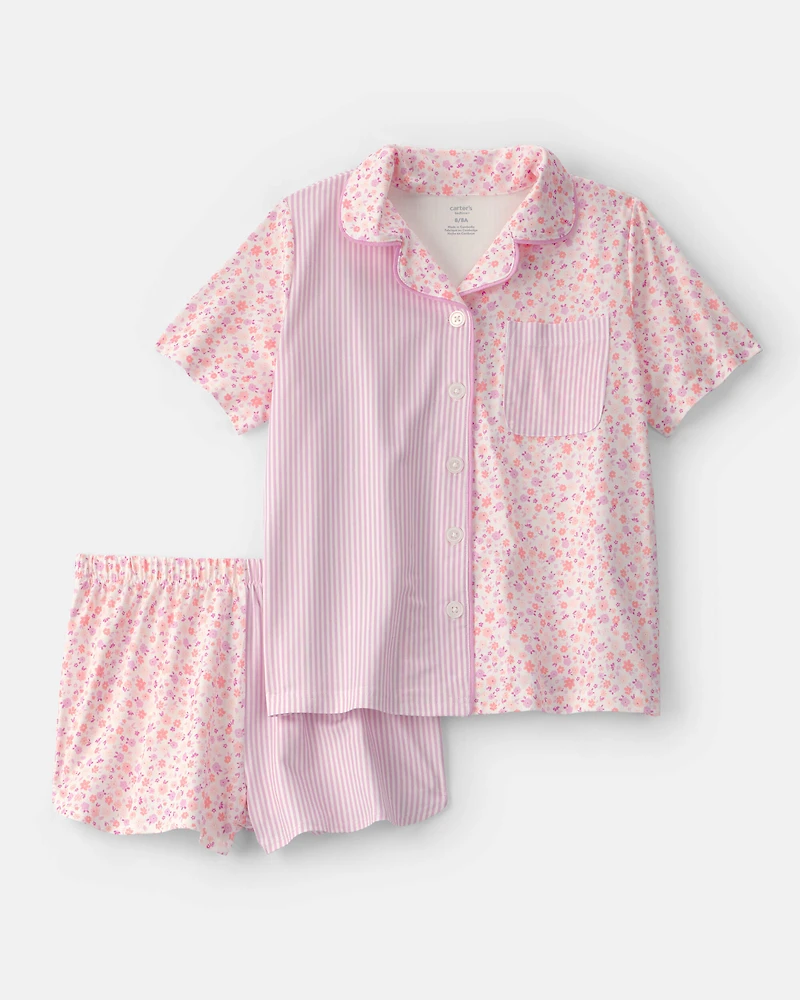 Girls Floral Stripe Short-Sleeve Loose Fit 2-Piece Pajama Set - Pink