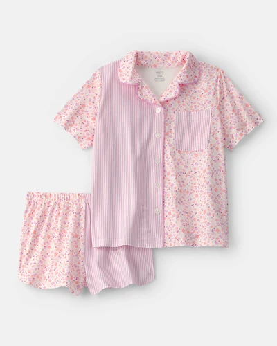Girls Floral Stripe Short-Sleeve Loose Fit 2-Piece Pajama Set - Pink