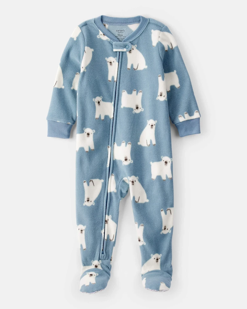 Baby Boy Polar Bear Print Loose Fit Long-Sleeve 2-Way Zip 1-Piece Pajamas - Blue