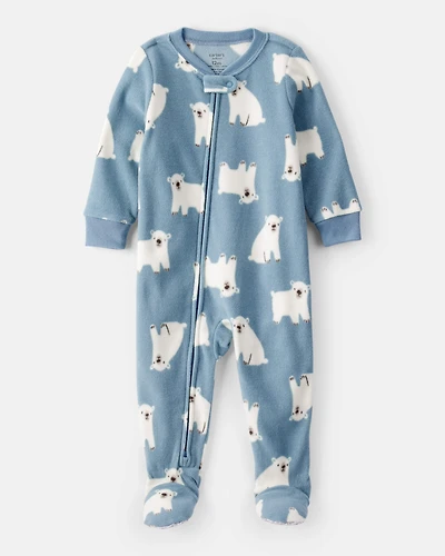 Baby Boy Polar Bear Print Loose Fit Long-Sleeve 2-Way Zip 1-Piece Pajamas - Blue