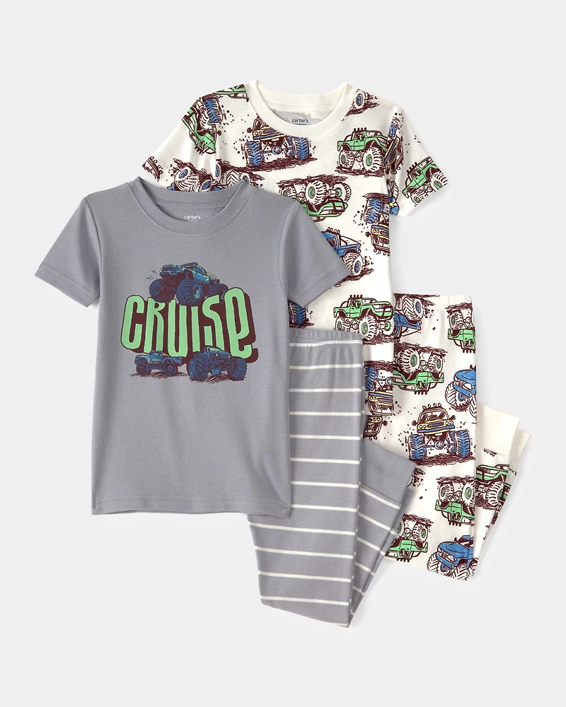 Toddler Boy Monster Truck 100% Cotton Snug Fit 4-Piece Pajama Set - Grey