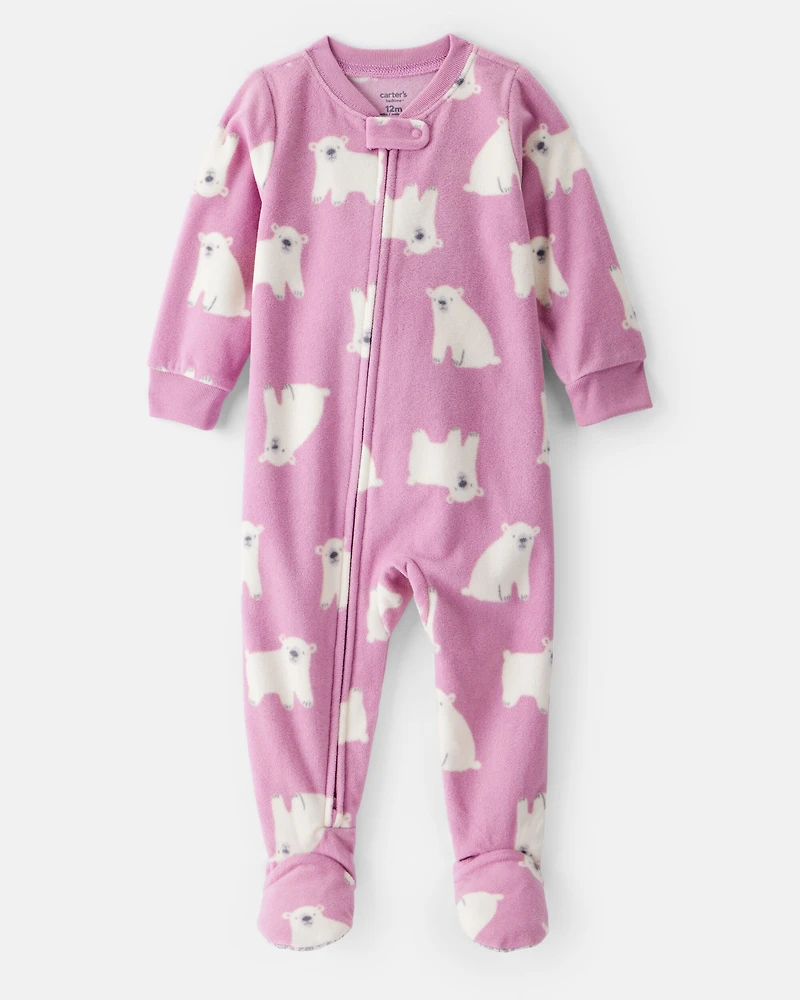 Baby Girl Polar Bear Fleece Long-Sleeve 2-Way Zip 1-Piece Pajamas - Purple