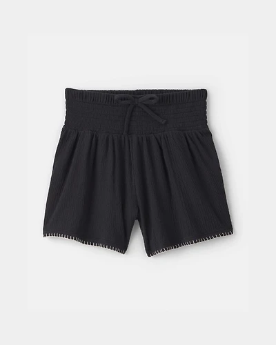 Girls Smocked Crinkle Shorts - Black