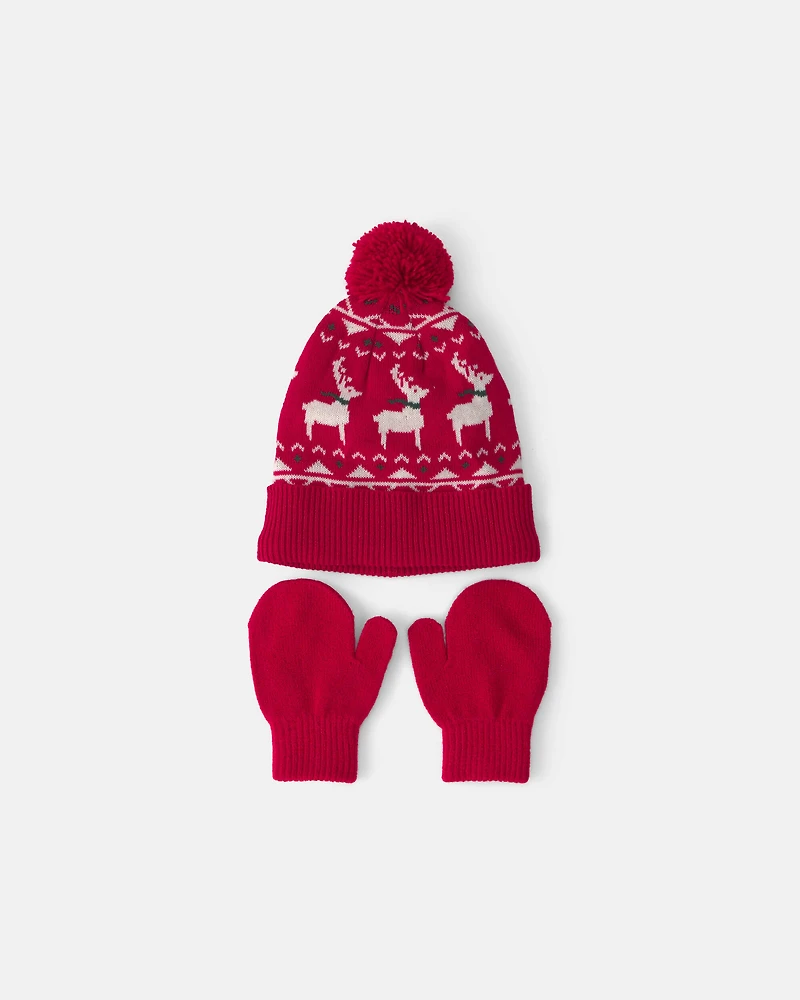 Toddler 2-Piece Fair Isle Christmas Beanie & Glove Set - Red