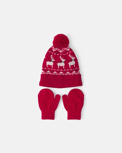 Toddler 2-Piece Fair Isle Christmas Beanie & Glove Set - Red