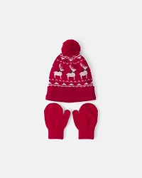 Toddler 2-Piece Fair Isle Christmas Beanie & Glove Set - Red