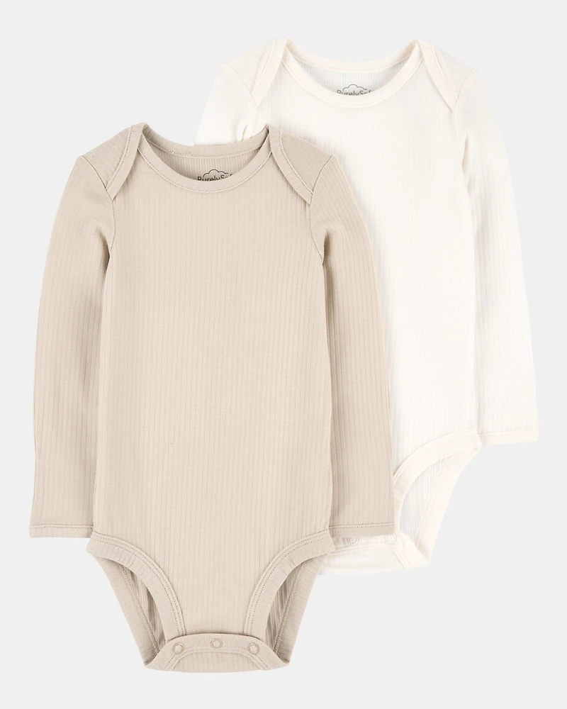 Baby 2-Pack Long-Sleeve PurelySoft Bodysuits - Khaki/Ivory