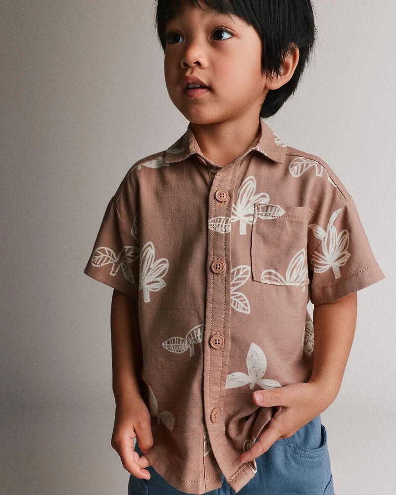 Toddler Boy Button-Down Short-Sleeve Shirt in Plant Print - Light Brown