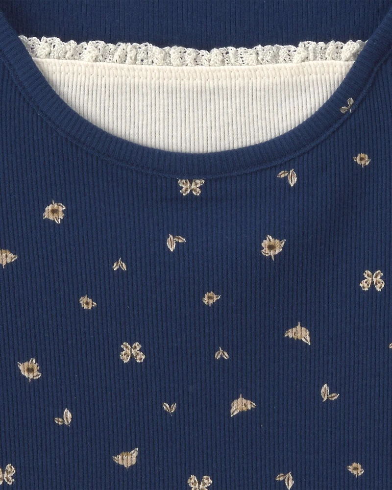 Girls Floral Long-Sleeve Top - Navy Blue