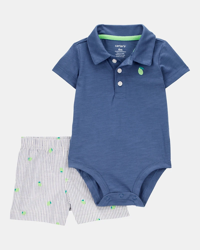 Baby Boy 2-Piece Polo Bodysuit & Striped Short Set - Navy