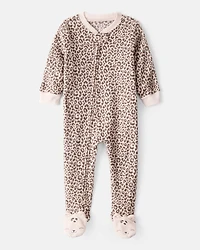 Toddler Girl Leopard Fleece Long-Sleeve Loose Fit 1-Piece Pajamas - Brown
