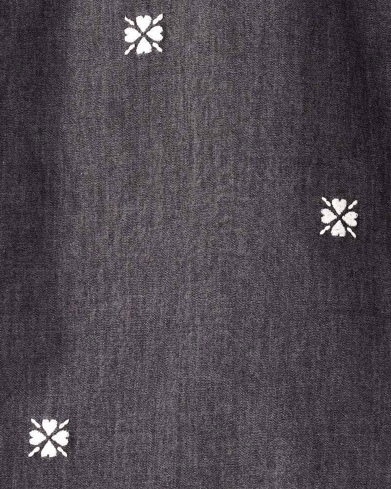 Toddler Girl Floral Motif Chambray Long-Sleeve Dress - Grey