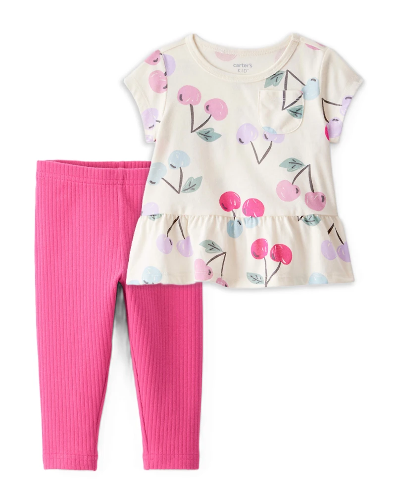 Toddler Girl 2-Piece Cherry Print Peplum Top & Solid Stretch Leggings Set - Ivory/PInk