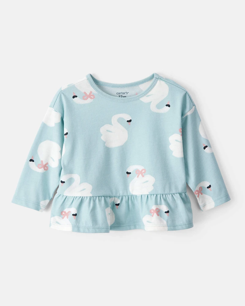 Baby Girl Swan Print Long-Sleeve Peplum Top - Blue