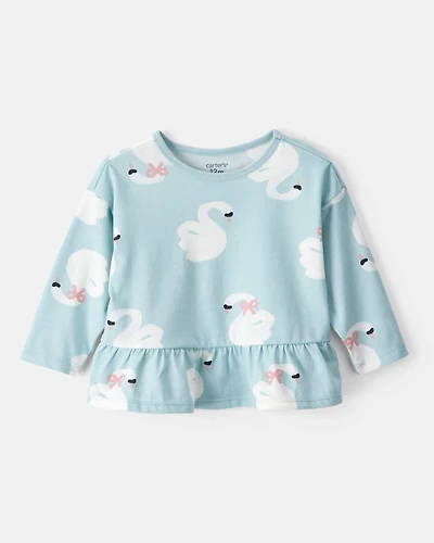 Baby Girl Swan Print Long-Sleeve Peplum Top - Blue