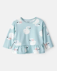 Baby Girl Swan Print Long-Sleeve Peplum Top - Blue