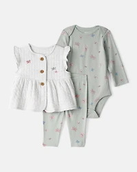 Baby Girl 3-Piece Butterfly Vest Outfit Set - Green
