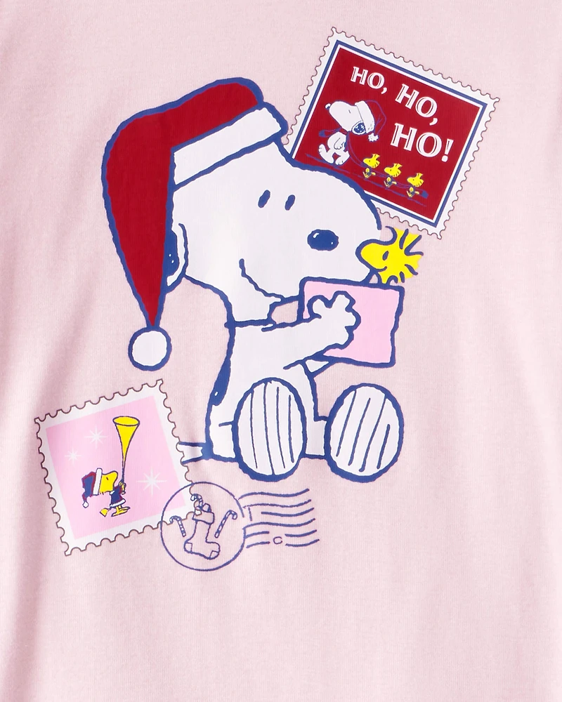 Girls Peanuts Snoopy Print 100% Cotton Long-Sleeve Snug Fit 2-Piece Pajamas - Pink