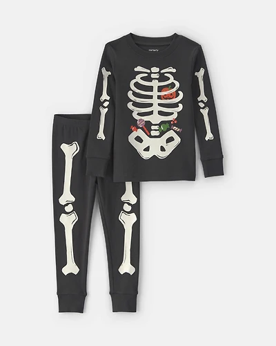 Toddler Girl 2-Piece Halloween Skeleton 100% Cotton Snug Fit Pajama Set - Black