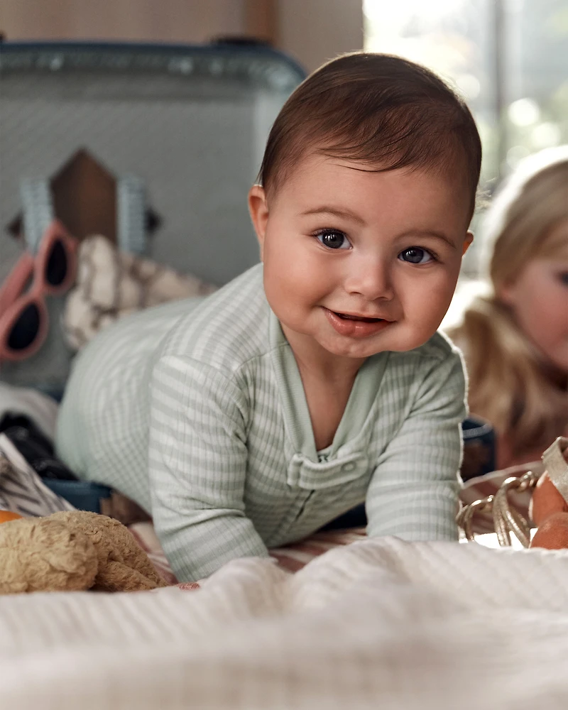 Baby Boy Striped 2-Way Zip Ribbed Sleep & Play Pajamas - Green/White