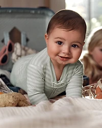 Baby Boy Striped 2-Way Zip Ribbed Sleep & Play Pajamas - Green/White