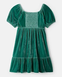 Girls Velvet Short-Sleeve Occasion Dress - Green