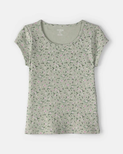Girls Floral Ribbed Top - Green
