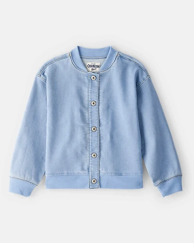 Girls Light Wash Denim Bomber Jacket - Blue
