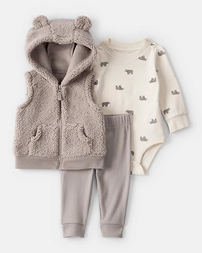 Baby Boy 3-Piece Bear Print Sleeveless Jacket, Bodysuit & Pant Set - Tan/Ivory