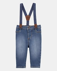 Baby Knit-Denim Suspender Pants - Blue