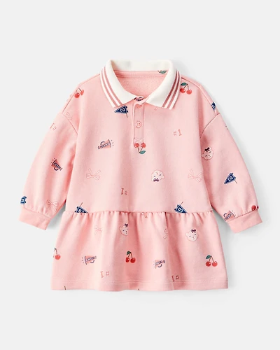 Baby Girl Art Print Collared Long-Sleeve Dress - Pink