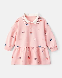 Baby Girl Art Print Collared Long-Sleeve Dress - Pink