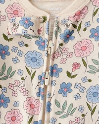 Baby Girl Floral 100% Cotton Snug Fit 2-Way Zip Footie 1-Piece Pajamas - Ivory