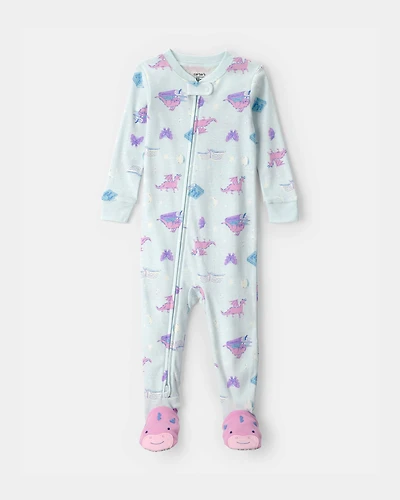 Toddler Girl Fairytale Dragon 100% Cotton Snug Fit 1-Piece Pajama - Blue