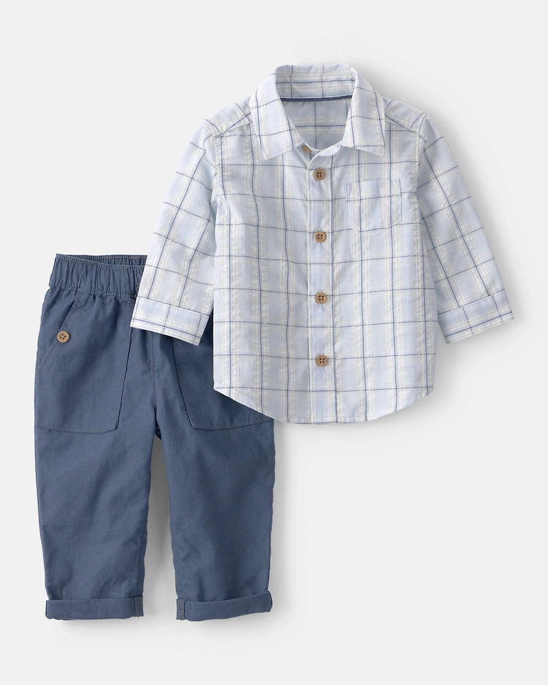 Baby Boy 2-Piece Plaid Shirt & Pant Set - Blue