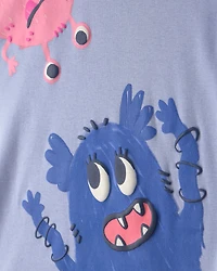 Girls 4-Piece Monster 100% Cotton Snug Fit Pajama Set - Blue/Cream