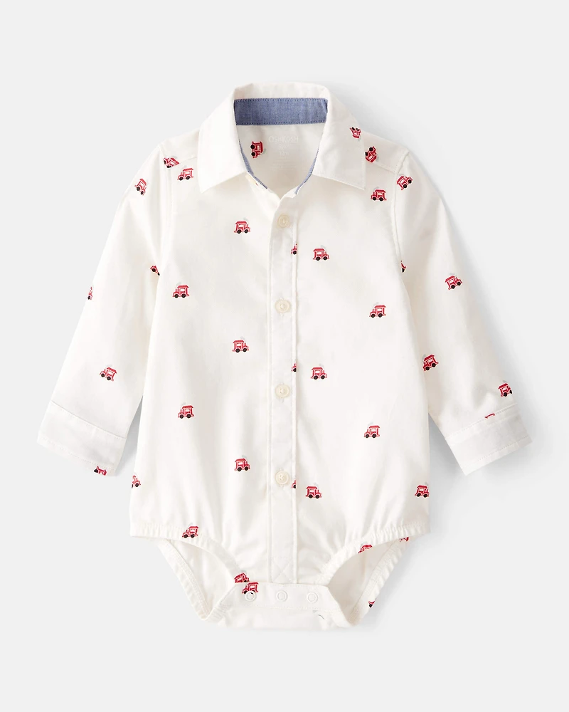 Baby Boy Train Print Button-Down Fashion Bodysuit - White