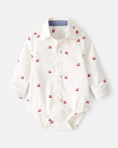 Baby Boy Train Print Button-Down Fashion Bodysuit - White