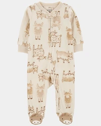 Baby Highland Cow Zip-Up Fleece Sleep & Play Pajamas - Cream