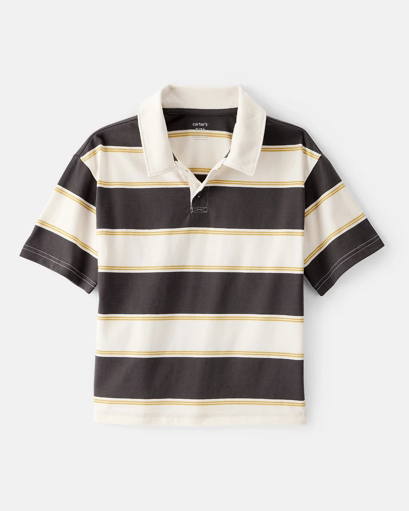 Boys Cotton Short-Sleeve Stripe Polo - Brown/Ivory