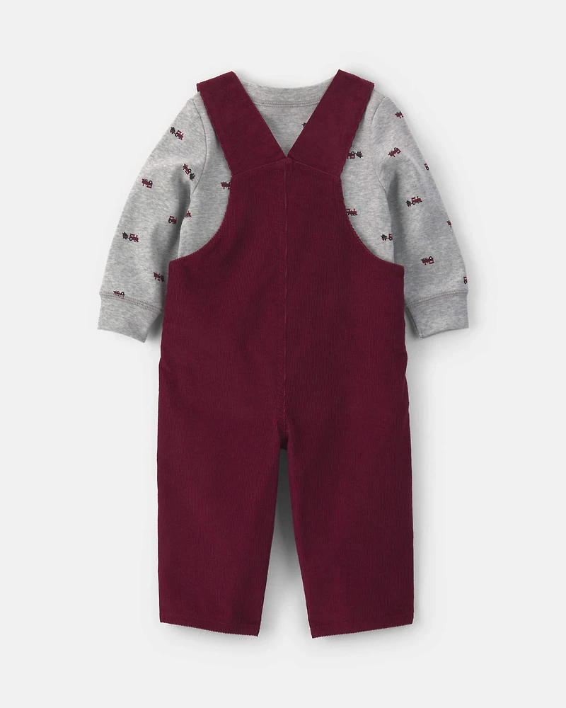 Baby Boy 2-Piece Holiday Corduroy Long-Sleeve Overall Set - Burgundy/Grey