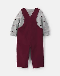 Baby Boy 2-Piece Holiday Corduroy Long-Sleeve Overall Set - Burgundy/Grey