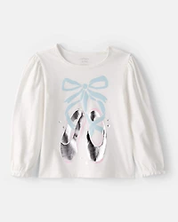 Toddler Girl Metallic Ballet Shoe Long-Sleeve Graphic Tee - White